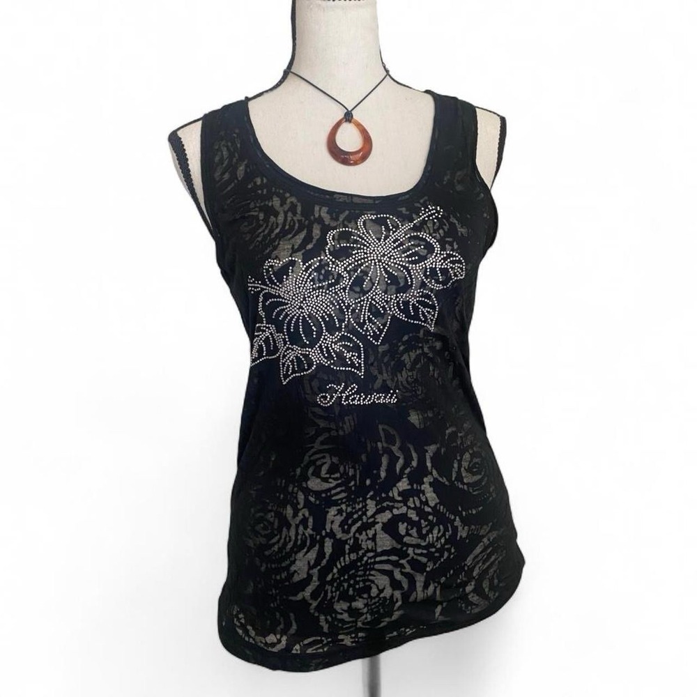 Black Sheer Mesh Floral Rhinestone Tank Top Women Small Y2K Fairy Grunge Hawaii